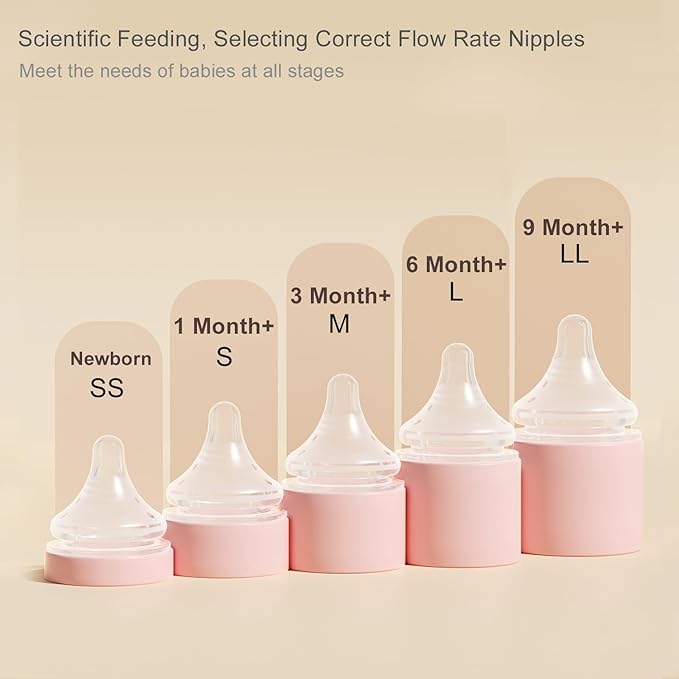 Gulicola Natural Glass Baby Bottle Newborn Set, 3 oz and 5 oz with Extra Slow Flow & Slow Flow Nipple, Anti Colic, 0-3 Months, 2 Pack - Pink