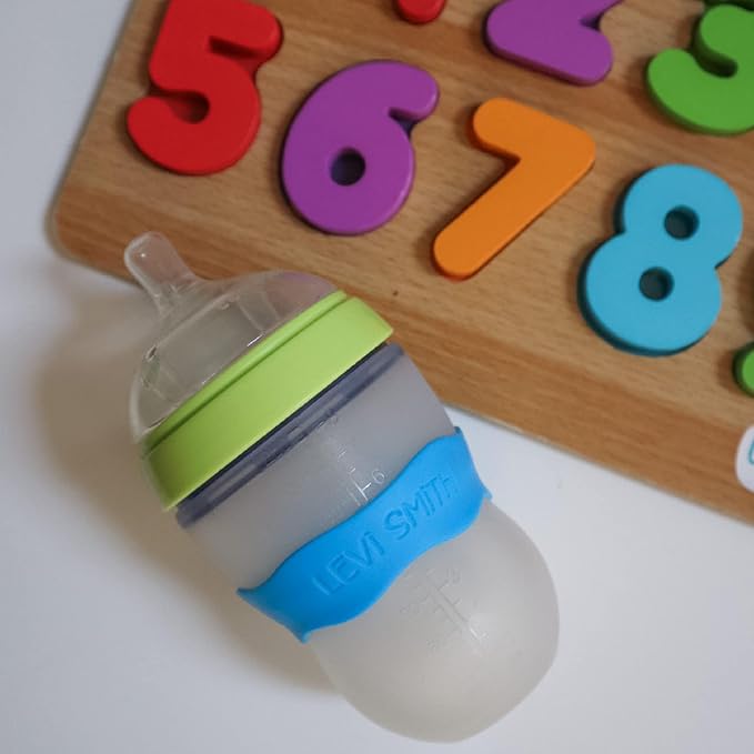 InchBug Orbit Labels Baby Bottle and Water Bottle Silicone Name Bands – Personalized Reusable Label Set for Daycare, Sippy Cups, Preschool, Elementary School, Dishwasher Safe, 4-Pack (Grape Juice)