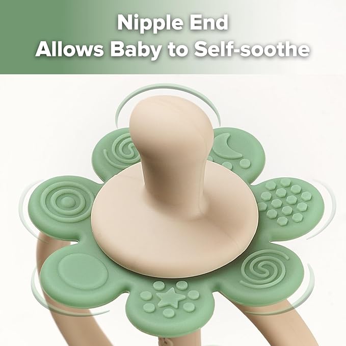 haakaa Silicone Baby Teething Toys,Nipple-Shaped End for Gum Massage,360° Baby Toothbrush Head for Self-Brushing Training,Easy to Grip-Pea Green