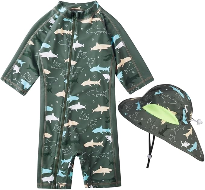 Toddler Baby Boys Swimsuit Rashguard One Piece Zipper Bathing Suit with Sun Hat Infant Swimwear Sunsuit UPF 50+