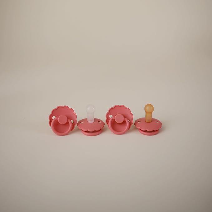 FRIGG Daisy Natural Rubber Baby Pacifier | Made in Denmark | BPA-Free (Pink Cream/Poppy, Size 2) 2-Pack
