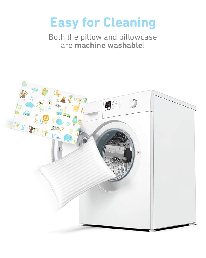 Babebay Toddler Pillow,13 x 18 Kid Pillows for Sleeping, Machine Washable Kids Pillow with Soft Cotton Pillowcase, Perfect for Travel, Toddlers Cot (Animal Letters)