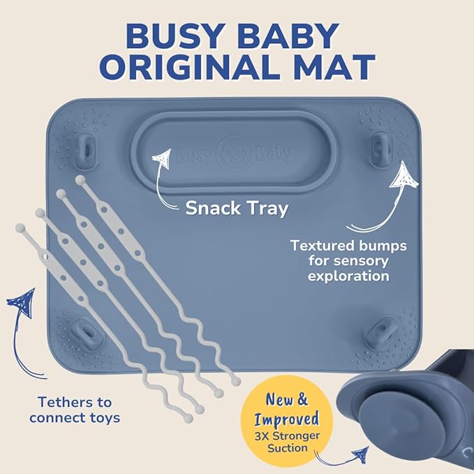 BUSY BABY Silicone Mat Bundle - 1 Original Mat Plus 1 Mini Mat, New Stronger Suction Cups, 6 Straps to Secure Baby Essentials and Keep Them Off The Floor, Baby Led Weaning, Wet Bag Included (Blue)