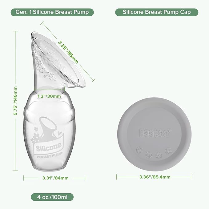 haakaa Manual Breast Pump Breastfeeding Pump with Food Grade Silicone Cap (Grey) 4oz/100ml