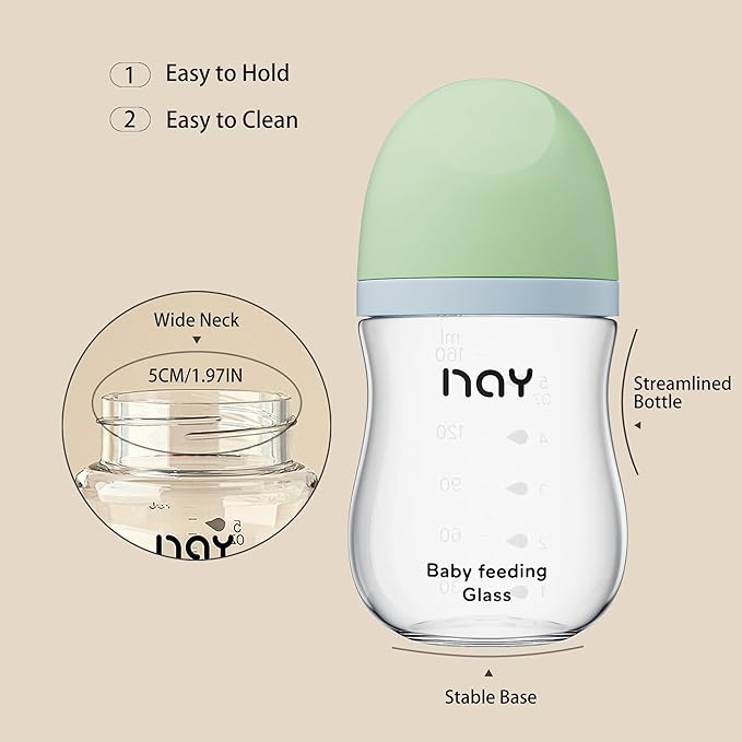 Natural Glass Baby Bottle Wide Neck, Anti-Colic Baby Bottle, Clear, 5.4oz(Pack of 4), Includes 4Pcs Natural Response Nipple(S), 1 Months+