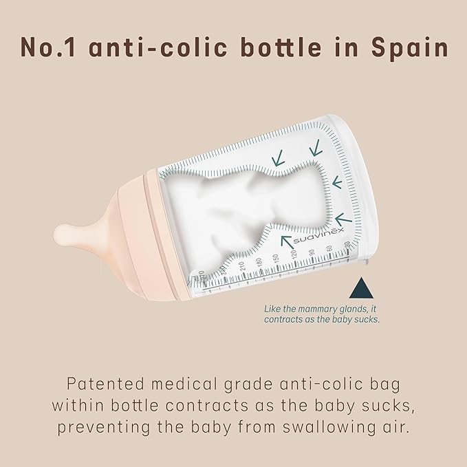 Suavinex Zero Zero Anti Colic Baby Bottle, No 1 Spanish Baby Bottle Brand, Minimizes Bottle Rejection & Nipple Confusion, Perfect for Breastfeeding Babies, 6oz/180mL, Fair Tone, Adaptable Flow Nipple