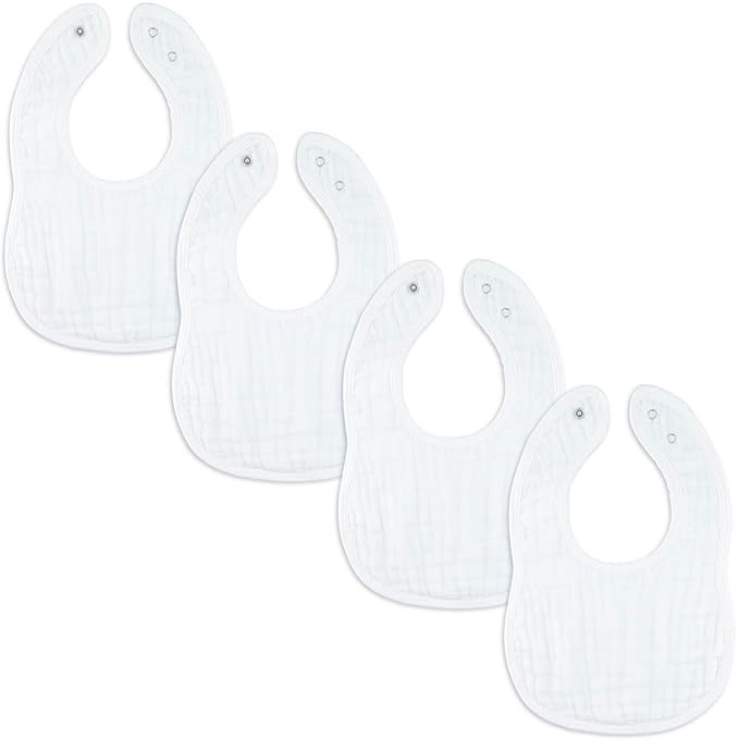 Comfy Cubs Muslin Bibs for Babies, Pack of 4 - Soft and Highly Absorbent, Feeding, Drool and Teething Bib, Adjustable Snaps - Stylish & Colorful Unisex Designs, Giftable Set - White
