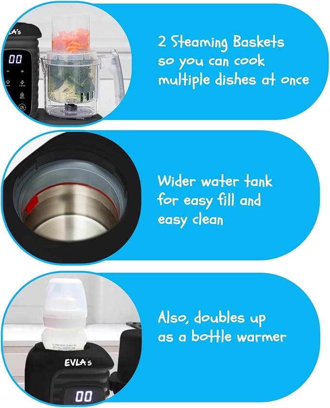EVLA'S Double Baby Food Maker with 2 Steaming Baskets, Steamer, Blender, Grinder, Food Processor, Cook & Blends Healthy Baby Food in Minutes, Touch Screen, with 6 food pouches, Dark Grey