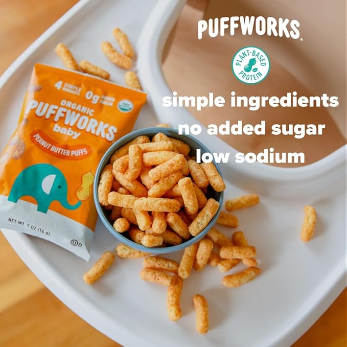 Puffworks Baby Organic Peanut Butter Puffs, Perfect for Early Peanut Introduction, Plant Protein, USDA Organic, Gluten-Free, Vegan, Non-GMO, Kosher, 1.0 Ounce (Pack of 6)