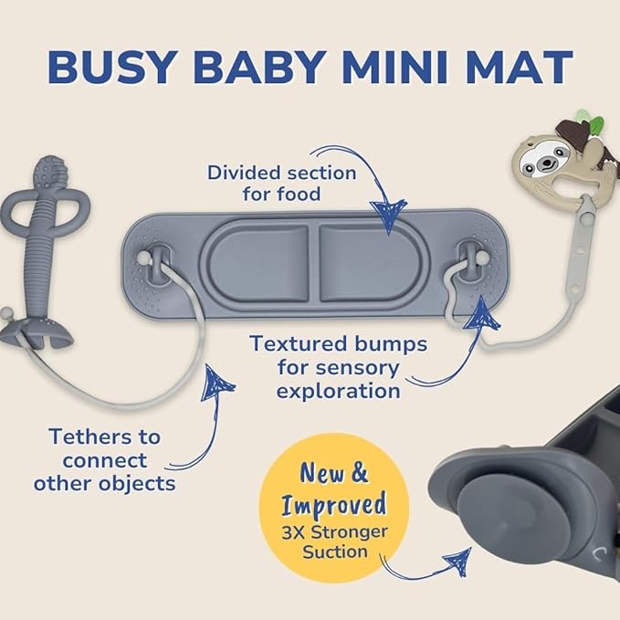 BUSY BABY Silicone Mat Bundle - 1 Original Mat Plus 1 Mini Mat, New Stronger Suction Cups, 6 Straps to Secure Baby Essentials and Keep Them Off The Floor, Baby Led Weaning, Wet Bag Included (Tan)