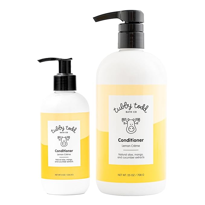 TUBBY TODD Hair Conditioner for Kids & Babies - Nourishing Frizz Control & Detangler - Lightweight, Sweet-Scented Formula - 2 Pack, 25 fl oz & 8 fl oz - Lemon Crème