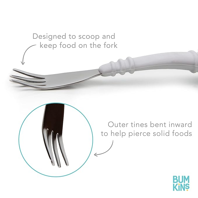 Bumkins Toddler Utensils, Kids Size Fork and Spoon Set, Silicone and Stainless-Steel Training Silverware, Angled Forks/Sporks for Self-Feeding, Children Hold Learning to Eat, 18 Months Up, Clay