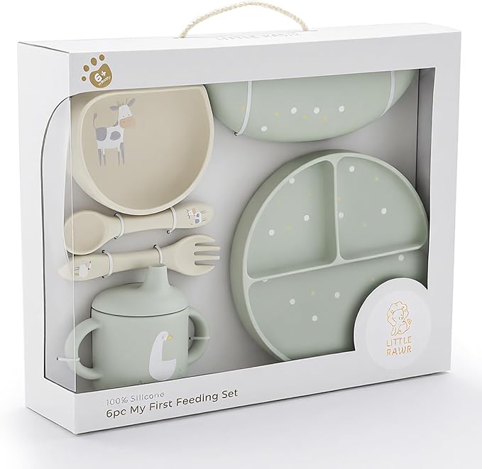 Little Rawr Baby Led Weaning Bundle, 100% Silicone Baby Feeding Set Includes Divided Plate, Suction Bowl, Straw Cup, Bib, Spoon & Fork, Develops Self Feeding Skills, Dishwasher Safe (Green)
