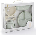 Little Rawr Baby Led Weaning Bundle, 100% Silicone Baby Feeding Set Includes Divided Plate, Suction Bowl, Straw Cup, Bib, Spoon & Fork, Develops Self Feeding Skills, Dishwasher Safe (Green)