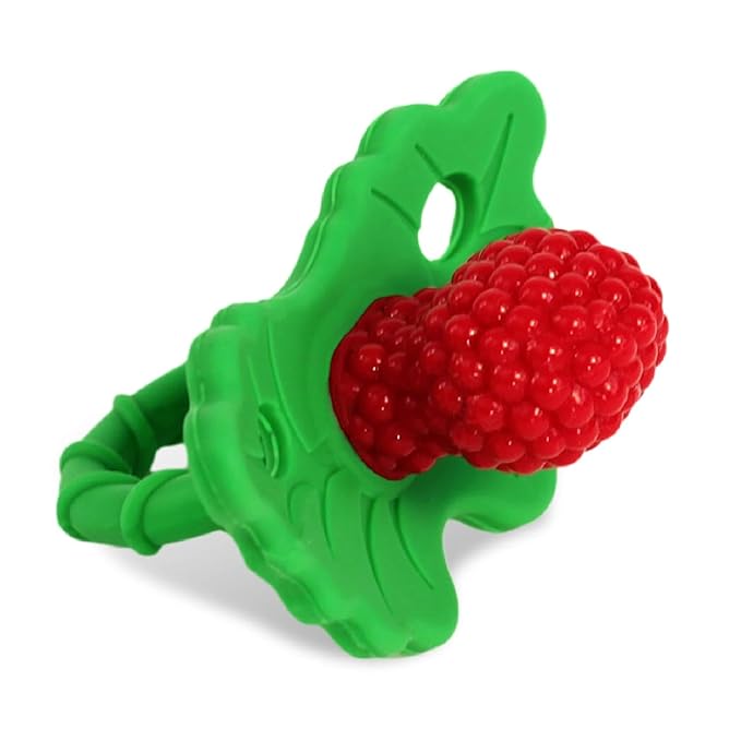 RaZbaby RaZberry Silicone Teether Pacifier – Teething Relief for Infants, Food-Grade, BPA-Free, Hands-Free Design, Natural Berrybumps Fruit Texture for Sensory Development, Freezable – Red