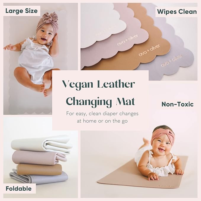 Ava + Oliver Vegan Leather Baby Changing Mat (16 X 30 in) - Multipurpose Wipeable and Portable Diaper Mat - Foldable for Travel (Cream Scallop)