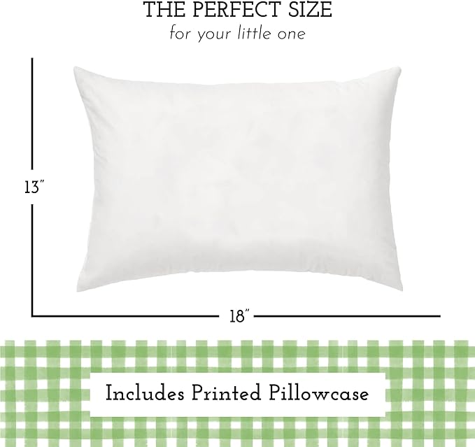 Little Sleepy Head Toddler Pillow with Pillowcase 13x18 - Kids Pillow for Sleeping - Better Neck Support Ergonomic Pillow and Toddler Pillowcase - Best Pillows for Kids (Gingham Green)
