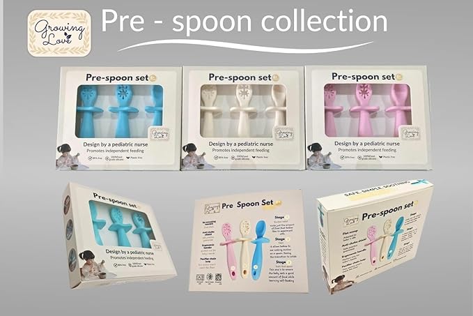 Growing Love Baby Spoons Set, Self Feeding 6 months, Pre-Spoon, Baby utensils, training spoon, cuchara bebe, blw, 100% silicone, Anti choke shield (pink)