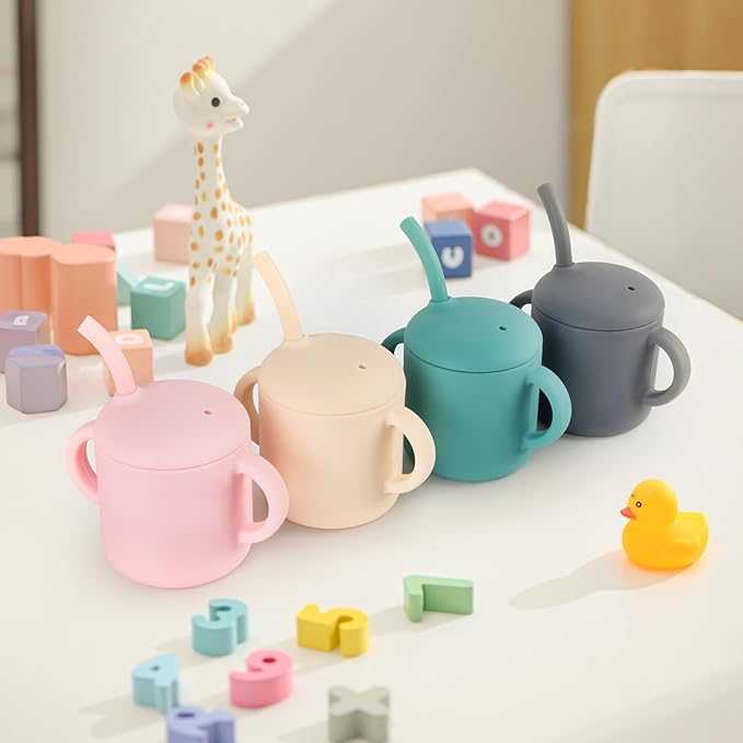 Silicone Baby Cup with Straw, Straw Cup for 6 months+ old, Leak Proof Silicone Baby Training Cup 6 fl oz (Blush)