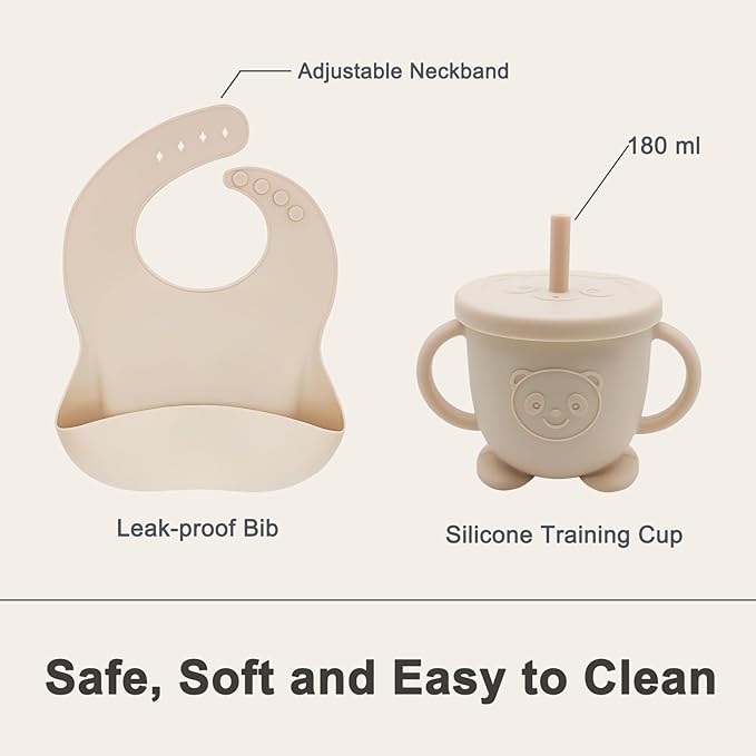 Silicone Baby Feeding Set | Baby Led Weaning Supplies Includes Suction Bowls and Divided Plates, Adjustable Bib, Baby Utensils Spoons and Forks,Cup | Baby Feeding Essentials (Beige)