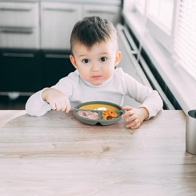 Baby Feeding Set, 2 Pack Silicone Baby Plates with Suction, 2 Pack Spoons and Forks Set for Toddler Utensils, BPA Free, Baby Led Weaning Supplies for Eating Essentials