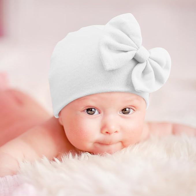 BQUBO Newborn Baby Hats Mittens Set Hospital Hat Beanie Infant Bow Hats Baby Gloves No Scratch Mittens for 0-6 Months