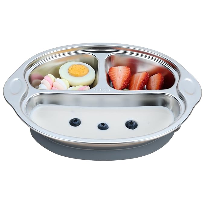 MR. CHOU Stainless Steel Baby Suction Plate, Divided Plates for Babies & Toddlers, 100% Food Grade Kids Plates for Baby Led Weaning, BPA Free Toddler Feeding Supplies, Dishwasher Safe, Gray