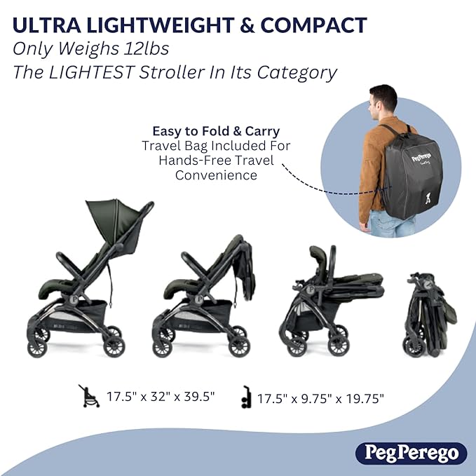 Peg Perego Volo, Ultra Lightweight Carry On Compliant Travel Stroller, Adjustable Features & Reclining Seat - Designed for Everyday Comfort from Newborn to 50lbs, Blue Shine (Blue & Copper)