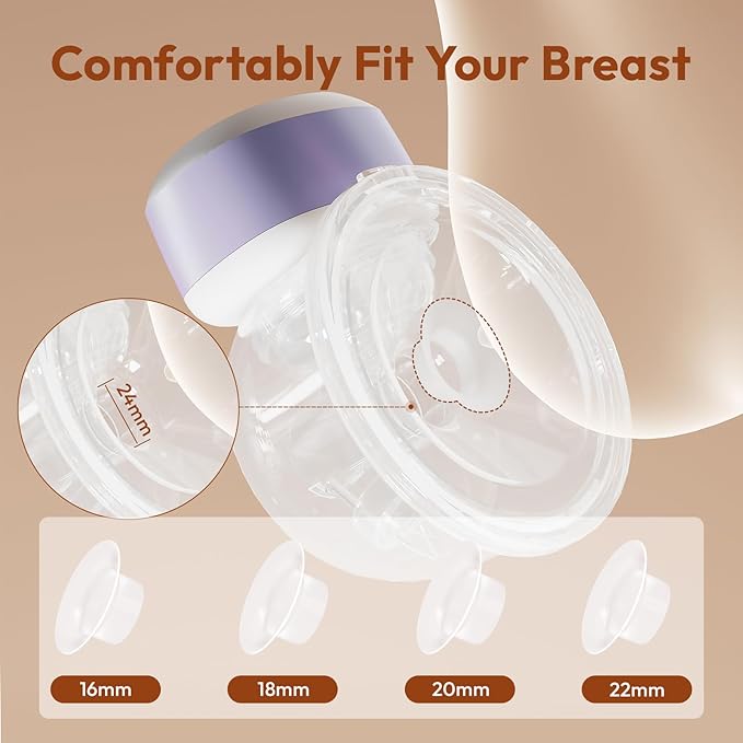 Wearable Breastfeeding Pump Hands Free of Long Battery Life, Portable Electric Wireless Breast Pump with 3 Modes and 9 Levels, LED Display, 16/18/20/22/24mm Flanges & Inserts, 2 Pack (Purple)