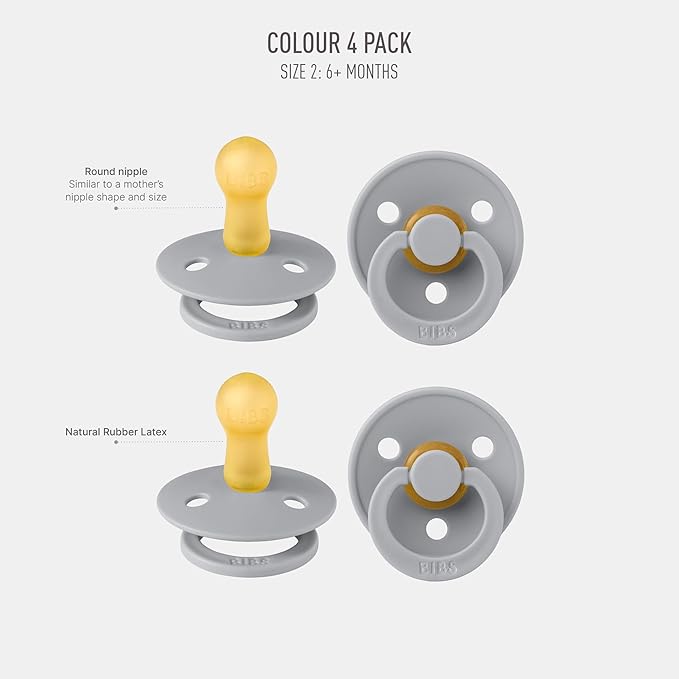 BIBS Pacifiers - Colour 4-Pack | BPA Free Baby Pacifier | Round Nipple Binkies | Natural Rubber Latex Soother | Made in Denmark | Size 6-18 Months | Cloud