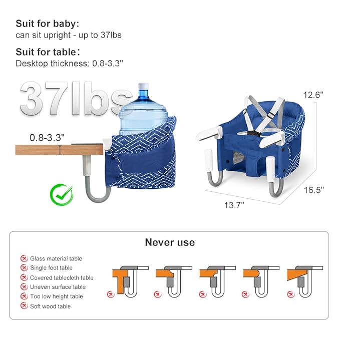MTWML Hook On High Chair with Tray,Portable Baby High Chair That Attaches to Table,Clip On Fast Table Seat for Babies and Toddlers.Baby Feeding Seat for Dining Tables and Counter(Stripe-Blue)
