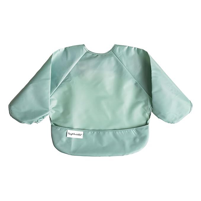 Tiny Twinkle Long Sleeve Bib for Babies & Toddlers – 2 Pack Waterproof Smock Bibs for Eating – Machine Washable & Mess-Proof, Baby Feeding Essential & Shower Must-Have (Sage Charcoal,6–24M)