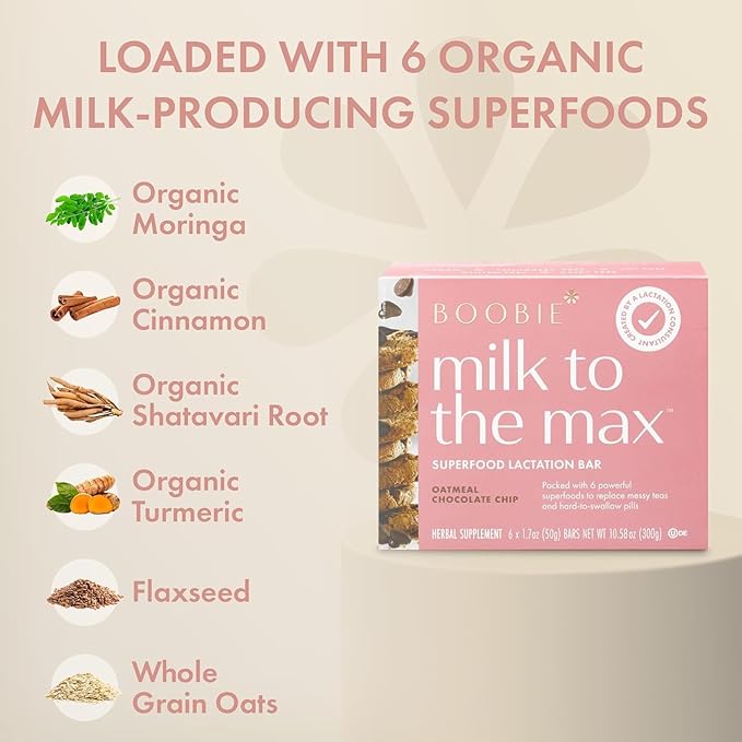 Boobie Bar Superfood Oatmeal Chocolate Chip Lactation Bar for Breastfeeding Moms to Increase Milk Supply | #1 Selling Lactation Snack Bars | Vegan, Fenugreek-Free, Gluten-Free, Dairy-Free (12 Bars)
