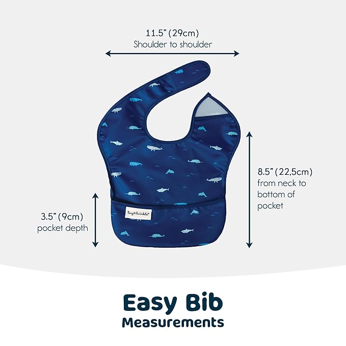 Tiny Twinkle Mess Proof Baby Bibs for Eating – Waterproof, Wipeable Toddler Bibs with Pocket – Baby Food Bibs for Girls & Boys(3 Pack,Sea, Dino)
