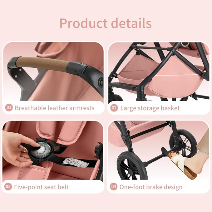 2 in 1 Baby Stroller, High Landscape Infant Stroller Pram Foldable Pushchair with Adjustable Canopy, Storage Basket, Suspension Wheels,5-Point Harness,Mom Bags (Pink)
