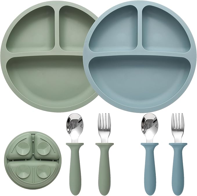 Baby Feeding Set, 2 Pack Silicone Divided Suction Plates for Baby, 2 Pack Spoons and Forks Set, BPA Free, Baby Led Weaning Supplies for Toddler Utensils