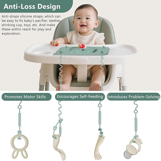 2 Pack Silicone Baby Placemats with Non-Slip Strong Suction Base and Anti-Drop 8 Stretchable Straps, BPA Free Food Grade Silicone Table Mats for Babies Toddlers, High Chair, Dining Tables, Begie+Green
