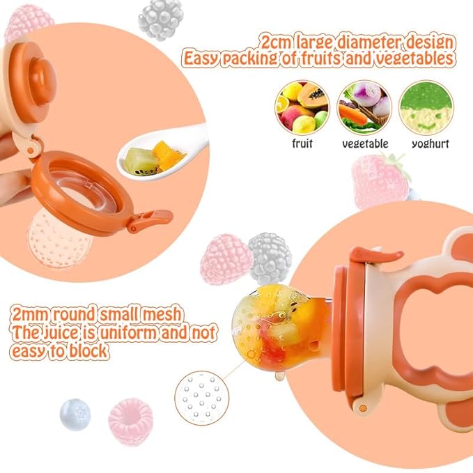 Baby Fresh Fruit Feeder Pacifier, 2 Pack HAOBAOBEI Baby Teether for Chewing, Freezable Infant Teething Toy, Teething Relief, Food Feeder with 4 Silicone Pouch, BPA Free - Monkey (Orange & Blue)