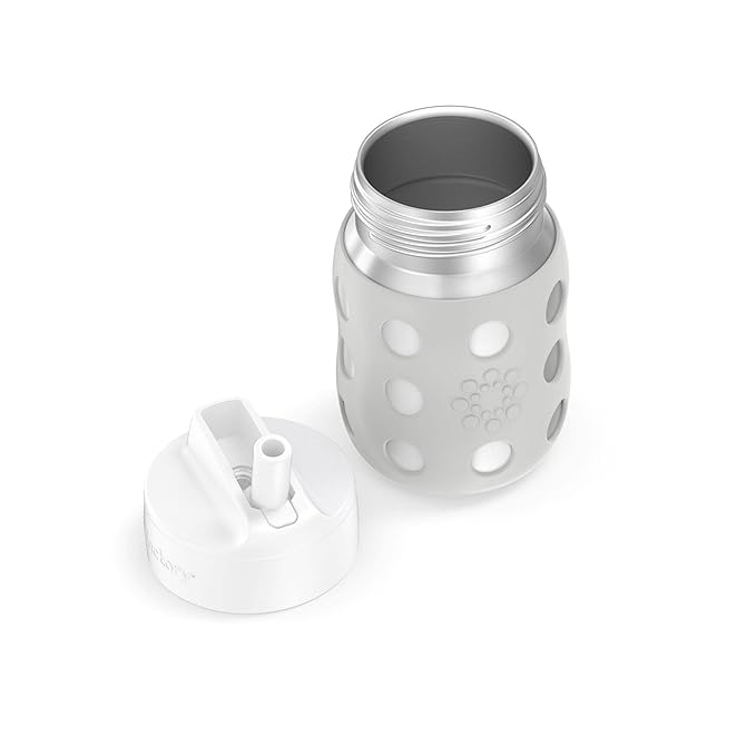 Lifefactory 8-Ounce Stainless-Steel Vacuum-Insulated Wide-Neck Baby Bottle with Straw Cap, Stone Gray (LS2241WCG4) (Pack of 4)