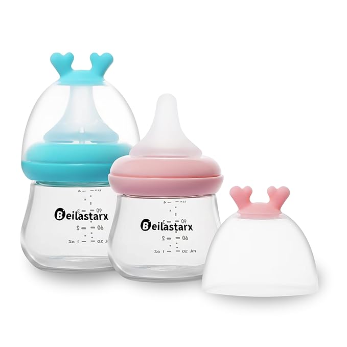 Glass Baby Bottles with Natural Response Nipple Size SS - Anti Colic Baby Bottles Wide Neck Slow Flow Baby Bottle (Multicolor, 4oz (Pack of 2))