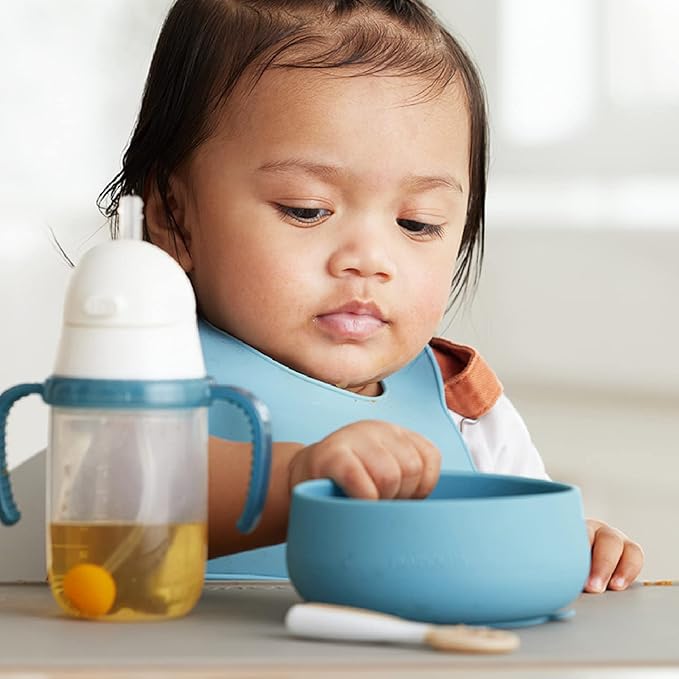 NumNum Baby Bowl & 2 Pack GOOtensils Baby Spoons, Suction Bowls for Baby 4+ Months, Extra Strong Non-Slip Suction, 100% Food-Grade Silicone, BPA-Free, Microwave & Dishwasher Safe (Green/Blue)
