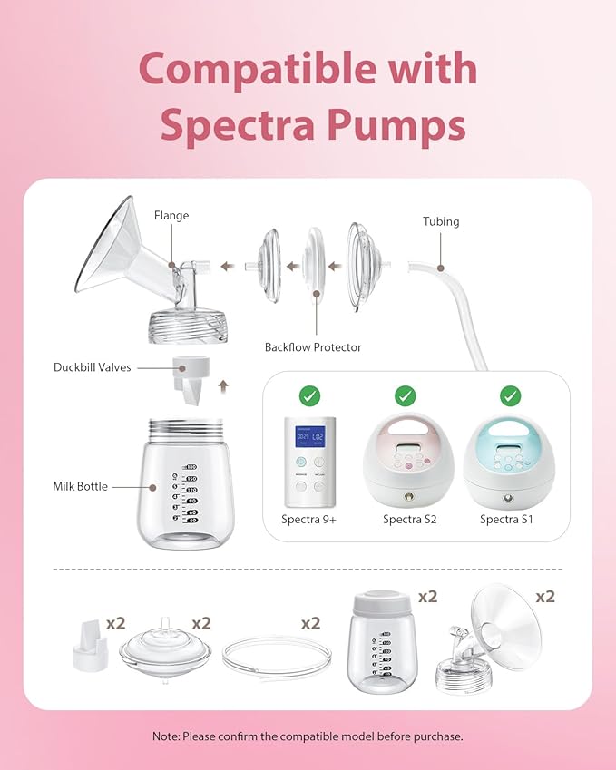Breast Pump Parts Compatible with Spectra S1/S2/9 Plus, Not Original Accessories, Full Set Replacements Include 13mm Flanges, Valves, Backflow Protectors (Duckbills Included), Tubings and Bottles