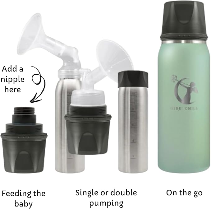 CERES CHILL OG Breastmilk Chiller Bundle with Straw Lid & Infuser – 12–34oz Portable Breast Milk Cooler & 2 Storage Bottles with Universal Pump Adapters – Color, Per My Last Email Steel