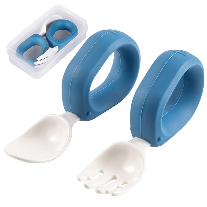 Baby Self Feeding Training Spoon and Fork Set with Travel Case, BPA-Free Cute Circle Toddler Training Utensils, Silicone/ABS Great Tableware Set Spoons Fork for Kids (Blue)