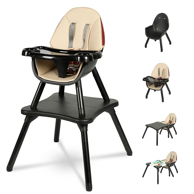 Gofirst 6 in 1 Baby High Chair,Convertible High Chairs for Babies and Toddlers/Booster Seat/Table and Chair Set,Baby Feeding Chair/5-Point Harness,4-Position Removable Tray&PU Cushion Baby Highchair