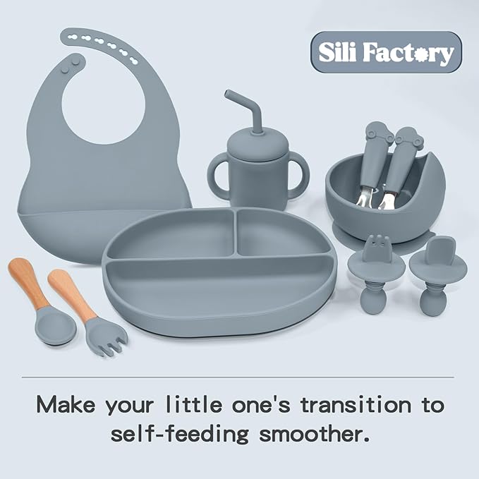 Silicone Baby Feeding Set - 10PCS Suction Baby Bowl and Divided Toddler Plates Adjustable Bib Cup Spoons Forks -Baby Led Weaning Supplies, Baby Utensils Eating Essential Set for 6+ Months