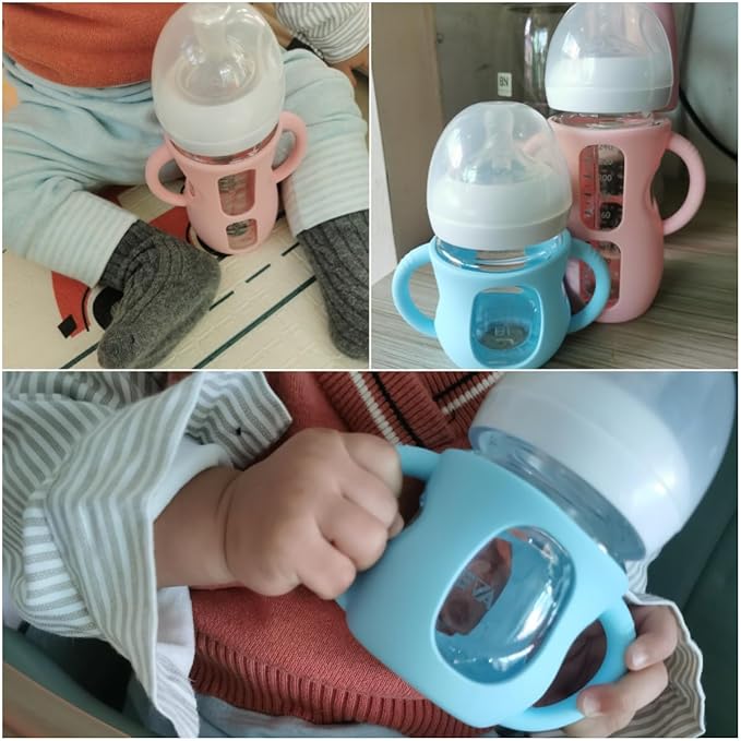 4 Pack Silicone Sleeves for Avent Natural Glass Baby Bottles, Silicone and Easy-Grip Handles for Drop Protection, Compatible with Philips Avent 4/8 OZ Glass Bottle (2 White+2 Blue, 8 OZ)