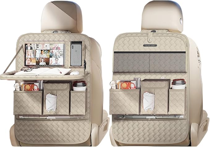 Car Seat Organizers,Multi-functional Back Seat Protectors, Storage Pouches, and Tray Holders (for Cars, Kids, Seat Back and Rear Seats) (Woven Beige, 2 Pcs)