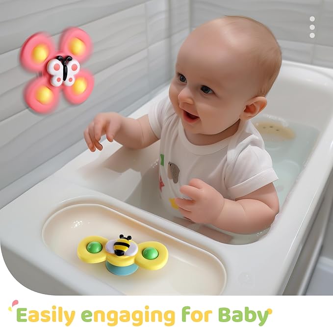 ALASOU 3PCS Suction Cup Spinner Toys for 1 Year Old Boy Girl|Spinning Top Infant Sensory Toys for Toddlers|1 2 Year Old Boy Christmas Birthday Gift|Baby Bath Toy Stocking Stuffers for Kids Ages 1-3