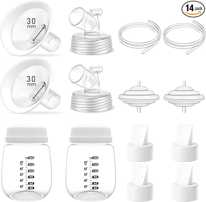 Full Breast Pump Parts with 30mm Oval Soft Rim Flanges and Wide-Mouth Base Connector for Spectra S2 S1 9 Plus SG, Medela, Lansinoh Pumps, Include Flange, Valve, Backflow Protector, Tubing and Bottle